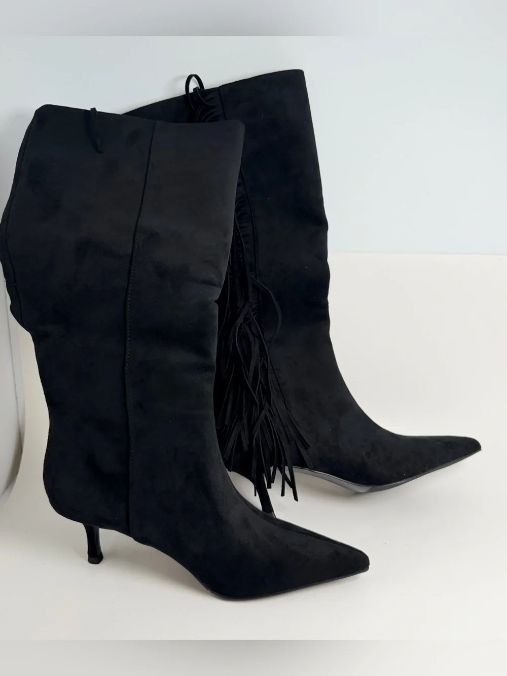 Fringe Stiletto Over-the-Knee Boots in Black